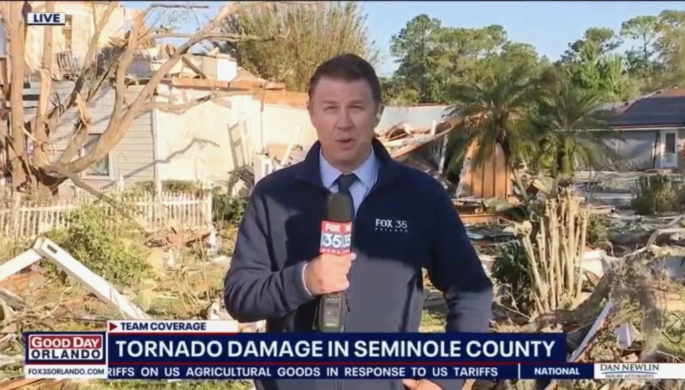 Brooks Garner reporting on tornado damage in Seminole County for FOX 35